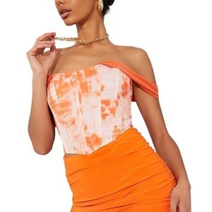 PRETTY LITTLE THING Orange Tie-Dye Off the Shoulder Corset Top 🧡